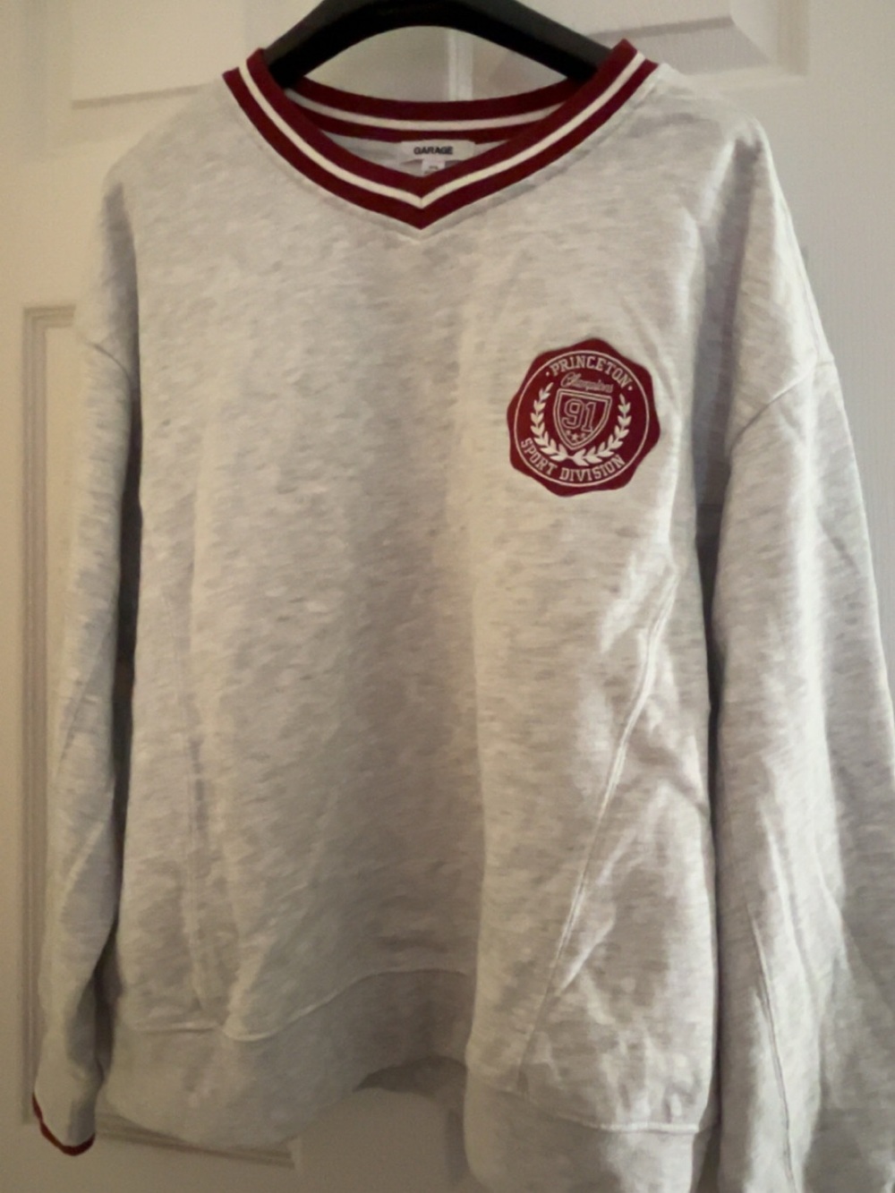 Garage Light Gray V-Neck Sweater with Maroon Trim and Crest (NWT)